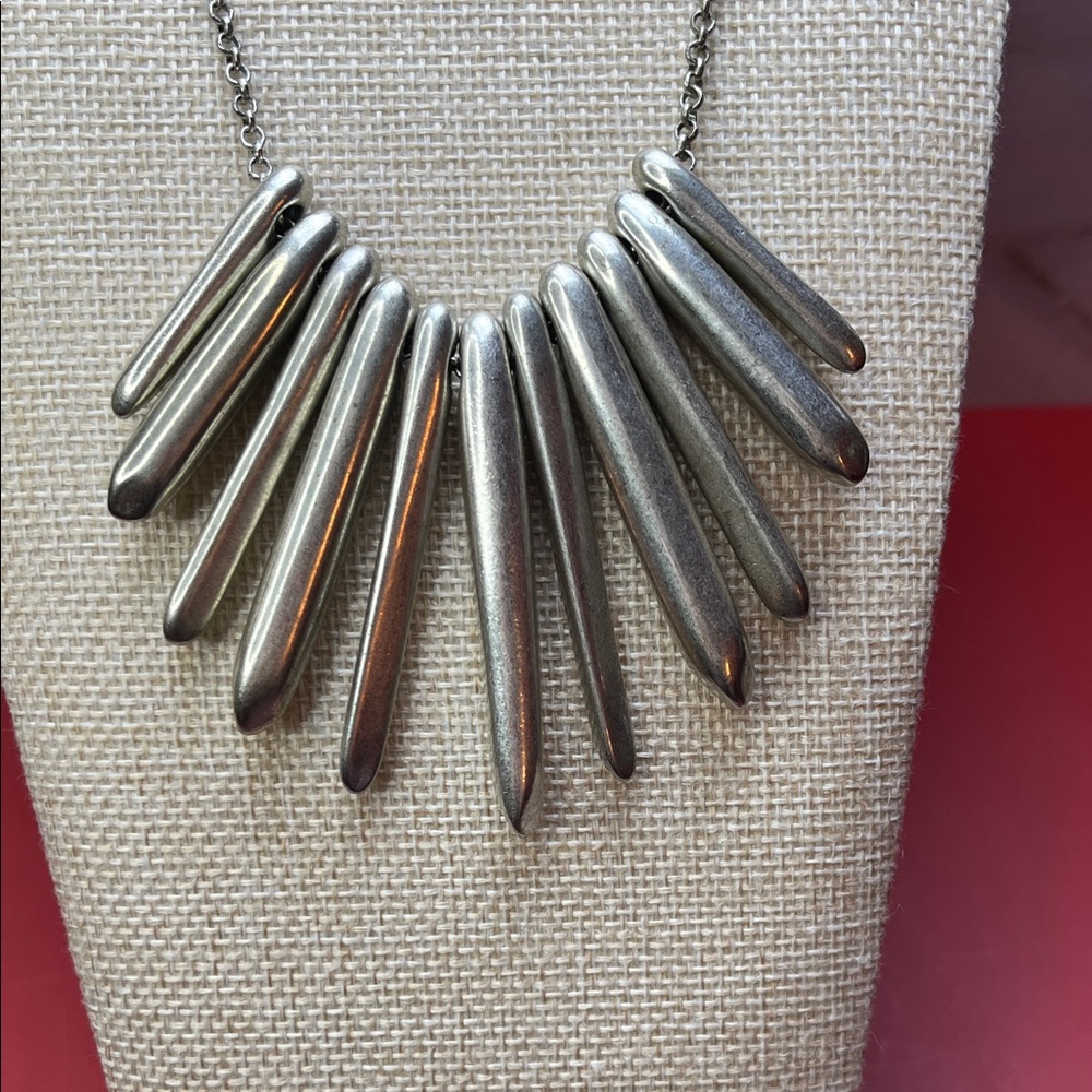 Lucky Brand Silver Tone Spike Bib Necklace with Elongated Pendants & Adjustable